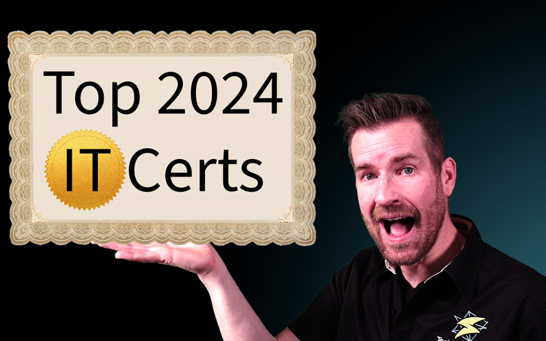 Andrew holding cert that says "Top 2024 IT Certs"